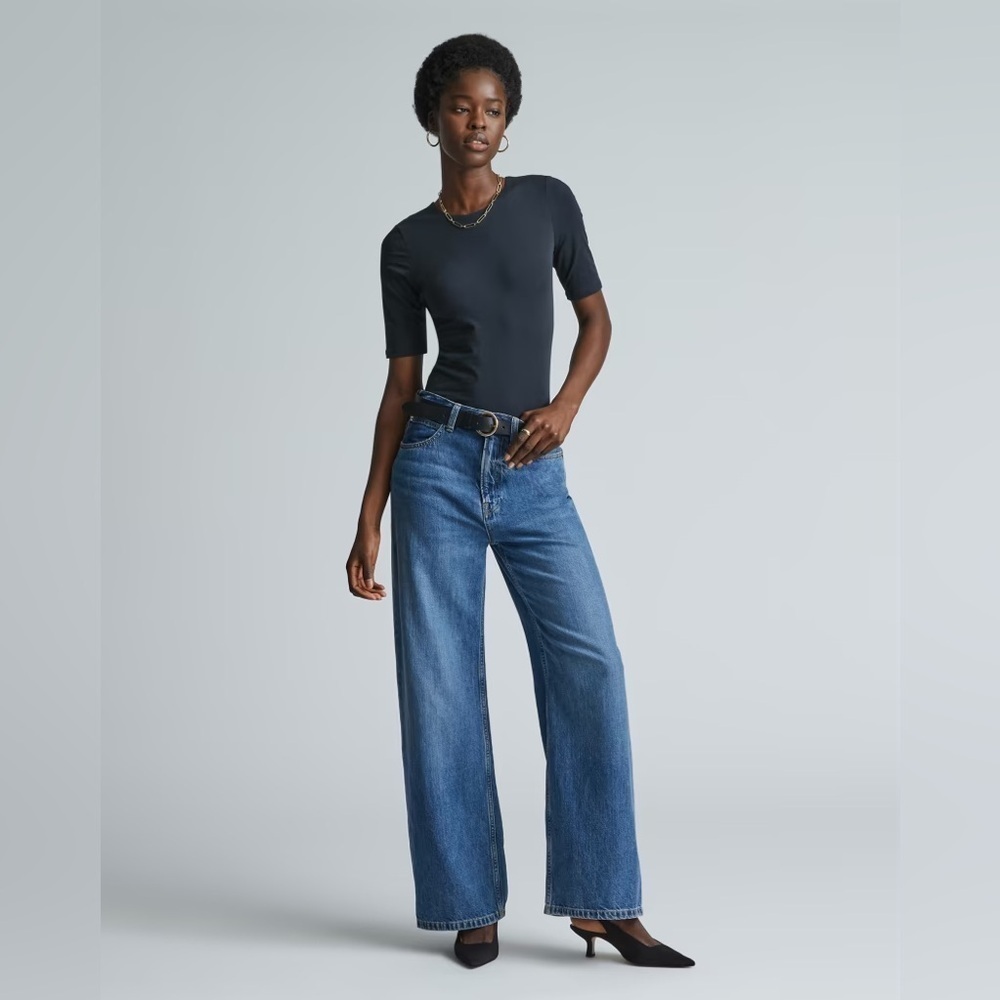 New Everlane The Short-Sleeve Crew Neck Bodysuit Black Thong Size Small